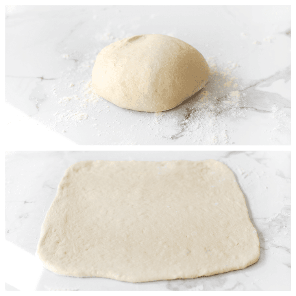 Stort het deeg op een met bloem bestoven werkplek en rol het uit tot een vierkant.