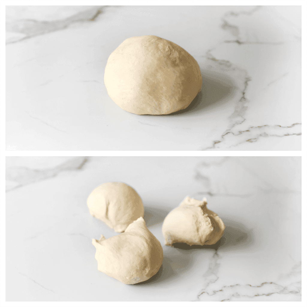 Ontlucht het deeg en verdeel het in 3 stukken van ongeveer 133 gram elk.