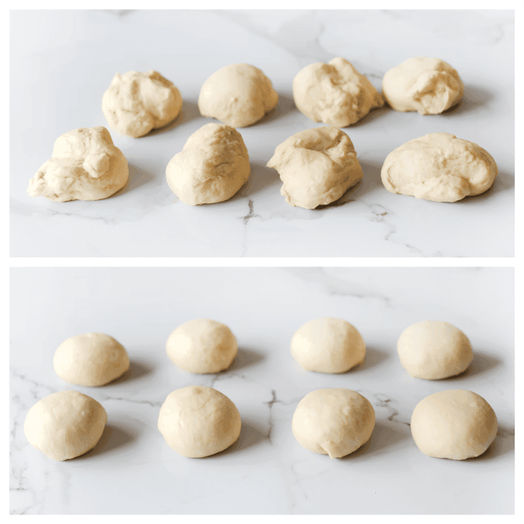 Verdeel het deeg in 8 gelijke stukken en vorm ze mooi rond.