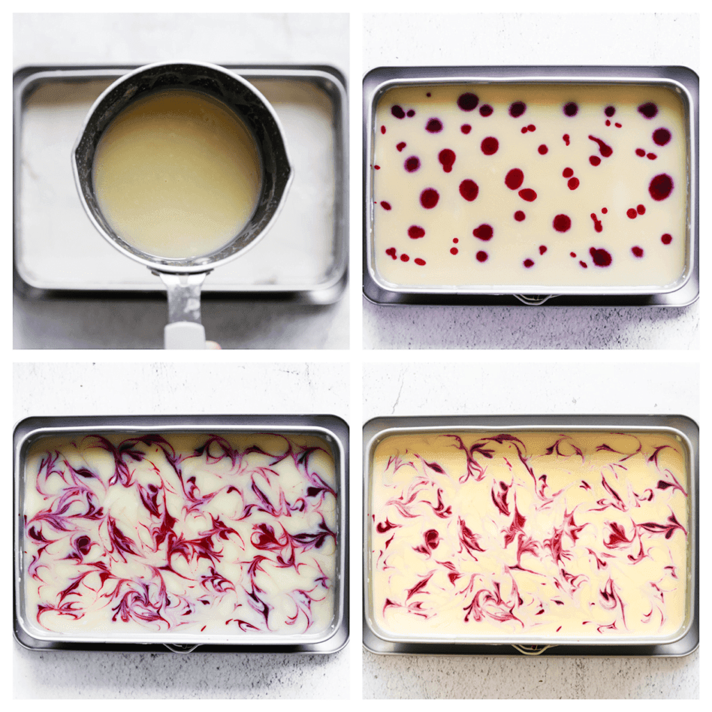 Verdeel de witte chocolade ganache gelijkmatig over de cheesecake. Spuit er wat van het frambozensap op en ga er met een tandenstoker langs. Leg de frambozen cheesecake, afgedekt, in de koelkast om op te stijven, het liefst een nachtje.