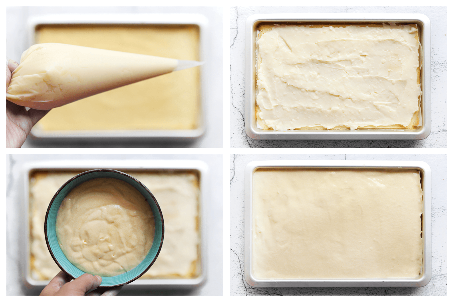 Gele room en cakebslag verdelen over de cake