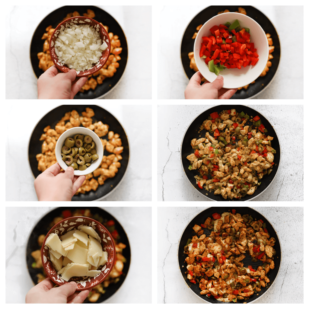 Voeg de gele ui, rode paprika, groene paprika en groene olijven toe. Bak nog eens 4-5 minuten. Voeg als laatste de kaas toe en meng goed.