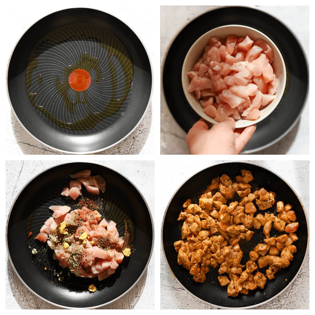 Was de kippendijen en snijd ze in stukken. Verhit olijfolie in een koekenpan op middelhoog vuur. Voeg de kip, cayennepeper, komijnpoeder, knoflookpoeder, paprikapoeder en Italiaanse kruiden toe, en verkruimel het kippenbouillonblokje boven de pan. Meng goed en bak gedurende 3-4 minuten.