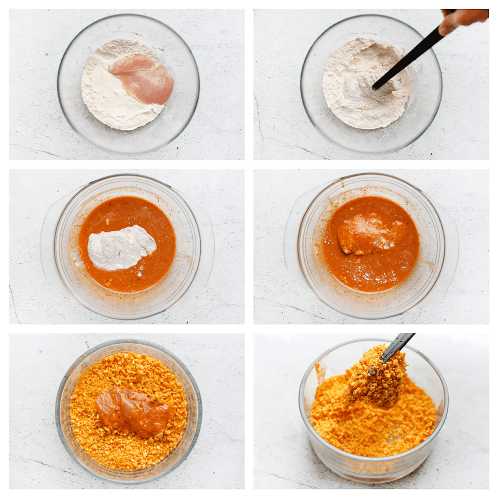 Haal de kip achtereenvolgens door het bloemmengsel, het karnemelkmengsel en de verkruimelde Bugles.