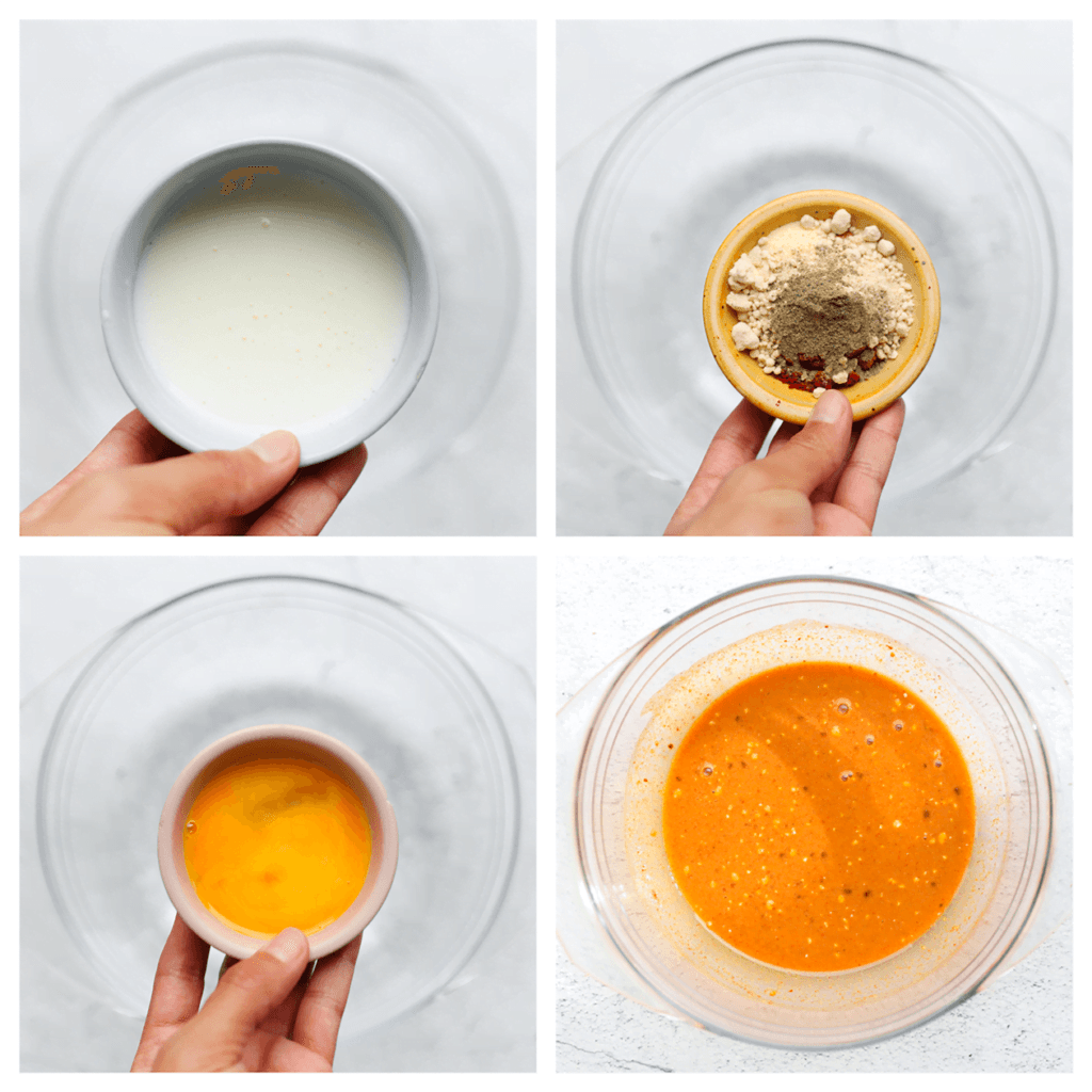 Doe de karnemelk, het zout, uienpoeder, knoflookpoeder, cayennepeper, paprikapoeder, zwarte peper en het geklutste ei in een diepe kom. Meng goed.