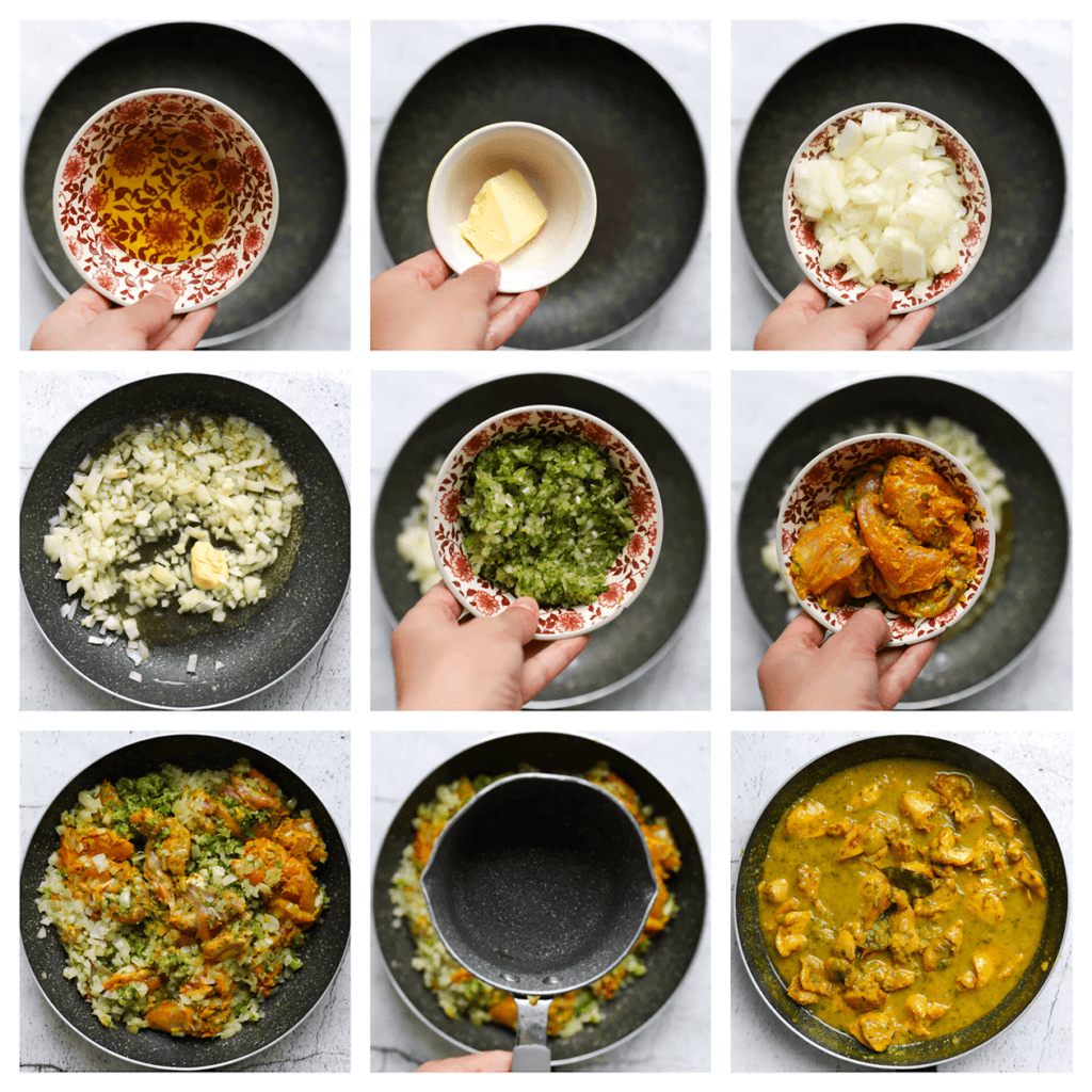 Verhit de olijfolie en roomboter in een koekenpan op middelhoog vuur. Voeg de gesnipperde gele ui toe en bak 3 minuten. Voeg het kipmengsel, het overige groentemengsel en de laurierblaadjes toe. Meng goed en bak 4 minuten. Voeg de laurierblaadjes en het water toe. Verhoog het vuur en breng aan de kook. Zodra het kookt, zet je het vuur laag en laat je het geheel, afgedekt, 25-30 minuten sudderen. Verwijder het deksel en verhoog het vuur. Laat de saus indikken gedurende ongeveer 5 minuten.