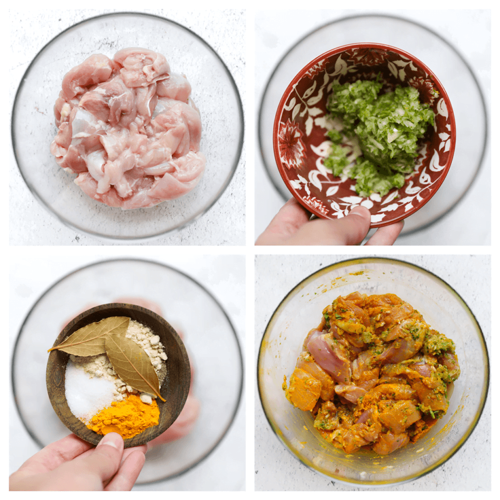 Snijd de kippendijen in stukken en doe ze in een diepe kom. Voeg het groentemengsel (40 gram), de kurkuma, gemberpoeder, uienpoeder, zwarte peper en het zout toe. Meng goed.