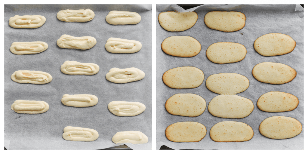 Spuit het beslag op een bakplaat met bakpapier. Laat voldoende ruimte ertussen zodat ze niet aan elkaar zullen plakken tijdens het bakken. Zet in een voorverwarmde oven op 190 °C. Bak 7-10 minuten of tot de cakjes mooi goudbruin zijn gekleurd. Laat ze afkoelen.