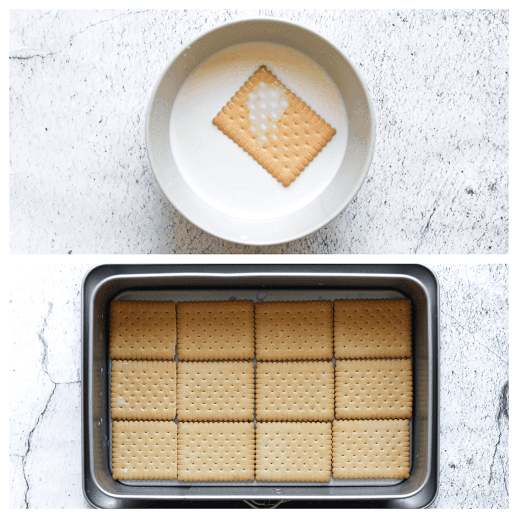 Neem een theebiscuit. Haal deze door de melk en verdeel ze over een springvorm. Herhaal de werkwijze.