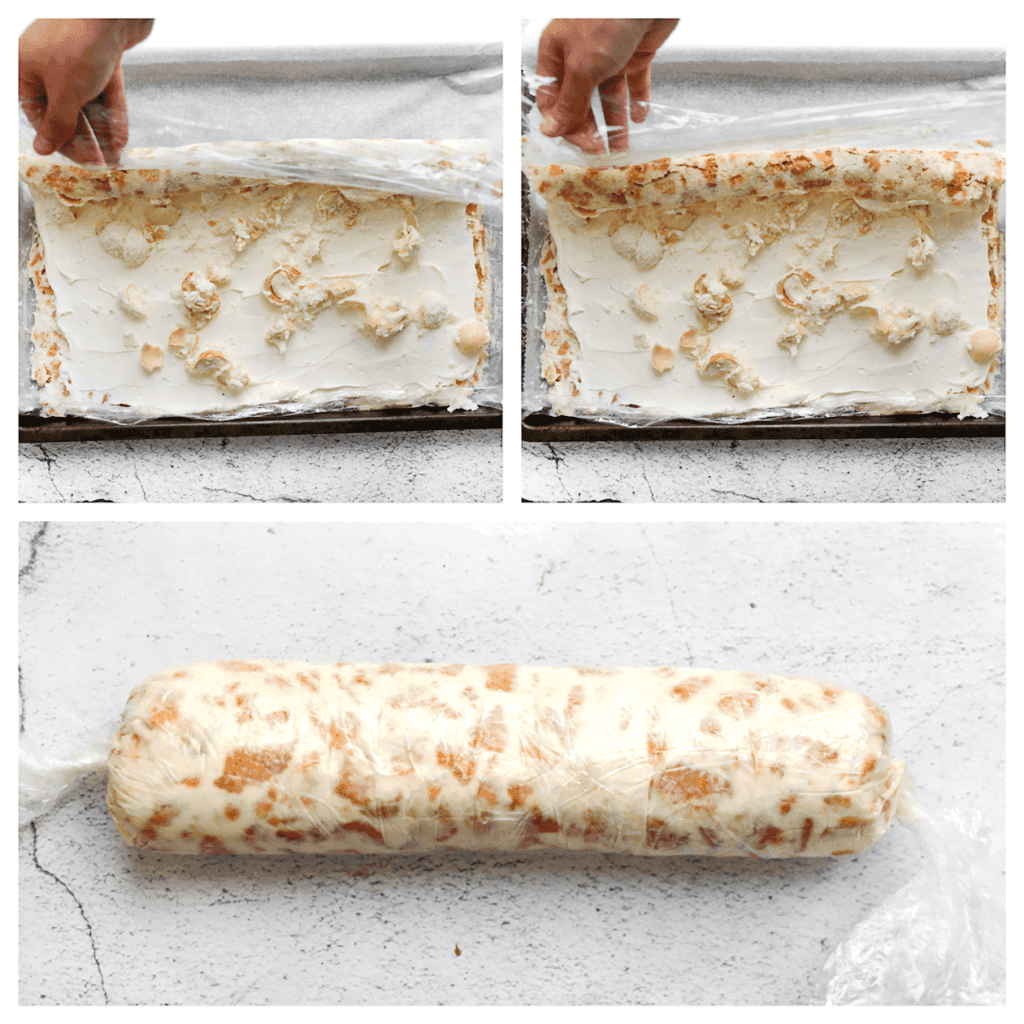 Rol het koekjesmengsel in de lengte op en zorg ervoor dat het goed strak zit. Wikkel het stevig in huishoudfolie en laat de rolkoek opstijven in de koelkast.