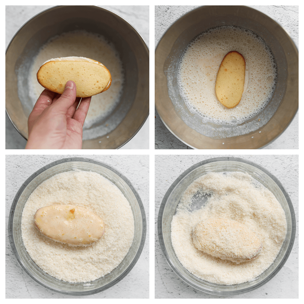 Doe wat geraspte kokos op een bord. Haal de kokosgebakjes volledig door het abrikozenmengsel en daarna door de geraspte kokos.