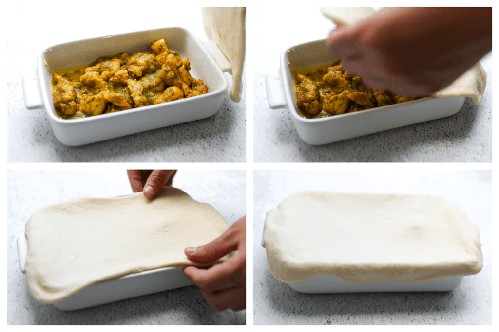 Plaats wat van het kipmengsel in een ovenschaaltje en bedek het met het deeg, waarbij je de zijkanten goed aandrukt.