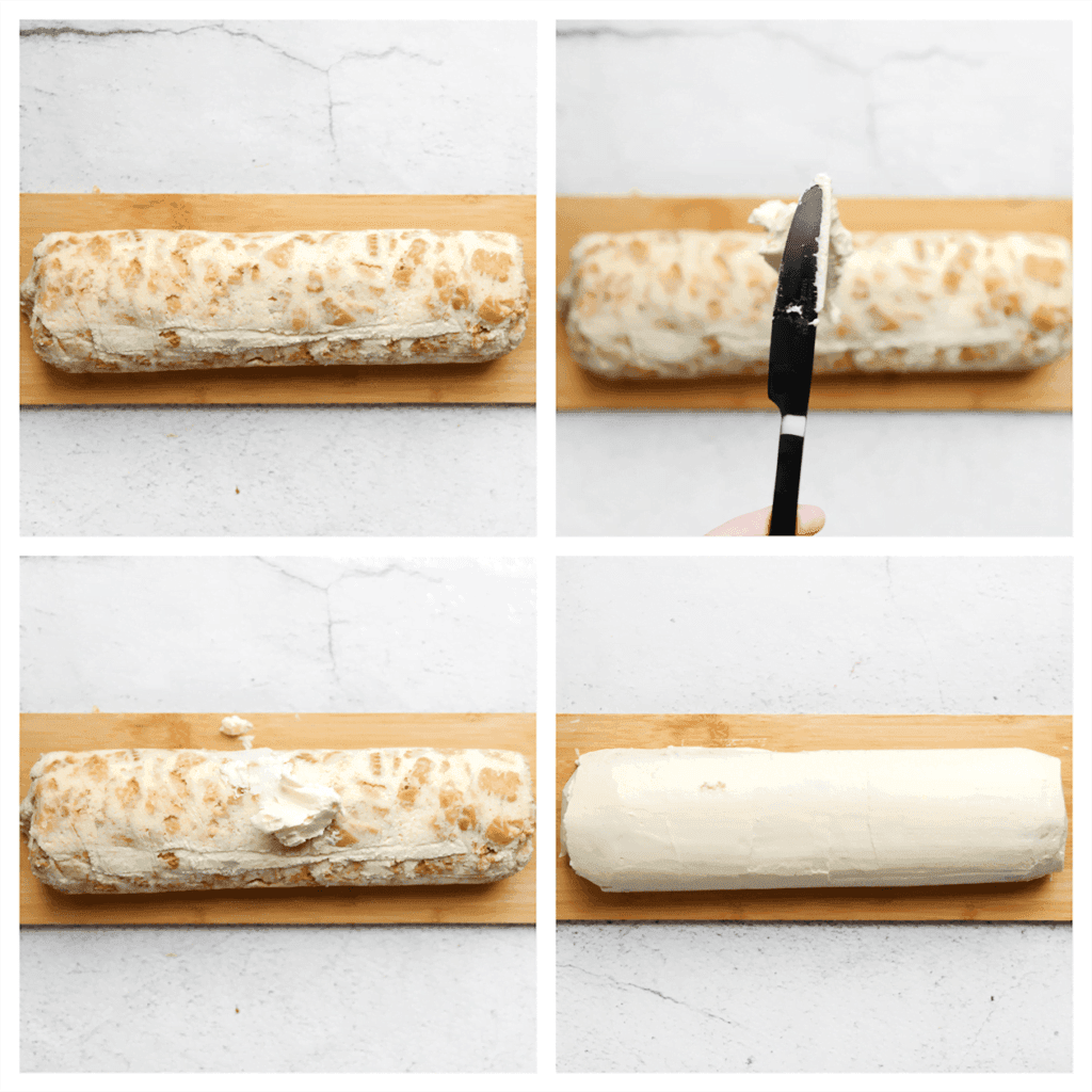 Smeer wat room uit over de rolcake en verdeel het gelijkmatig.