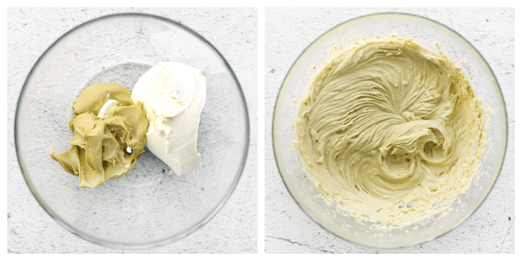 Doe de pistachepasta en mascarpone in een diepe kom en meng ze goed tot je een gladde massa hebt. Dit zal de vulling voor je magdalena's zijn.Doe de pistachepasta en mascarpone in een diepe kom en meng ze goed tot je een gladde massa hebt. Dit zal de vulling voor je magdalena's zijn.