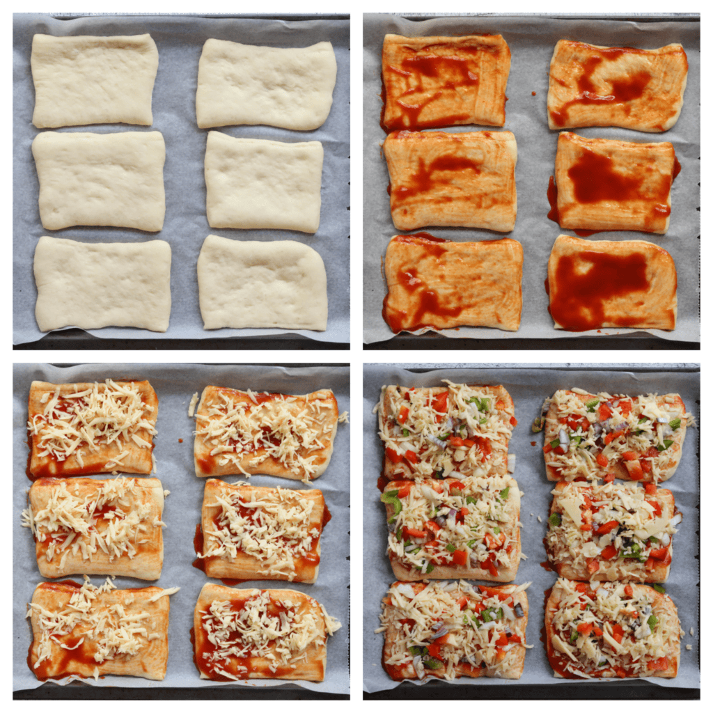 Leg het deeg op een bakplaat met bakpapier. Bestrijk het deeg met de tomatensaus en beleg het met geraspte kaas, rode paprika, groene paprika, gele ui, rode ui, nog wat extra geraspte kaas en strooi er wat Italiaanse kruiden over. Laat het deeg 30 minuten rijzen, of tot het in grootte is verdubbeld.