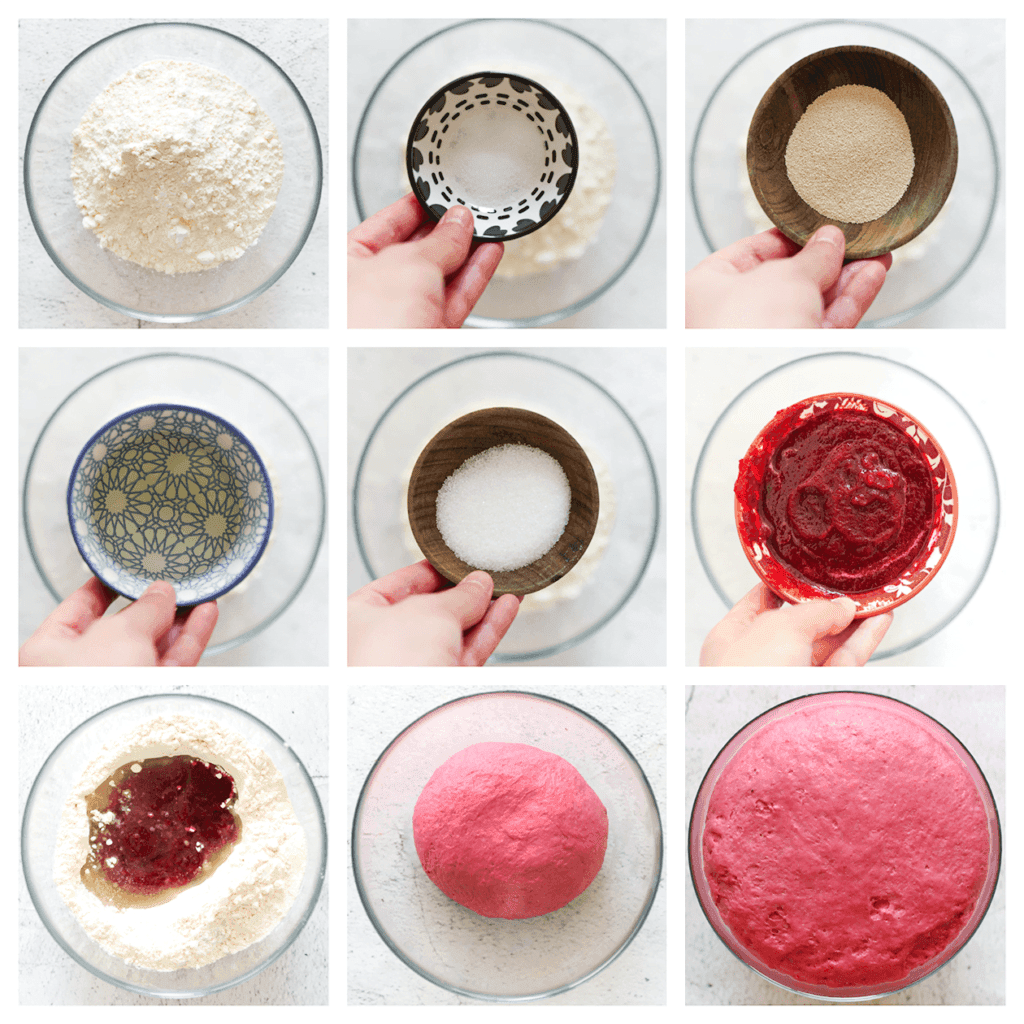 Doe de bloem, het zout, de suiker, de gist, de zonnebloemolie en het rode bietenmengsel in een diepe kom. Meng alles goed en kneed 10-12 minuten tot een samenhangend deeg. Dek het deeg af en laat het 1 uur rusten op een warme plek in huis, of tot het deeg in omvang is verdubbeld.