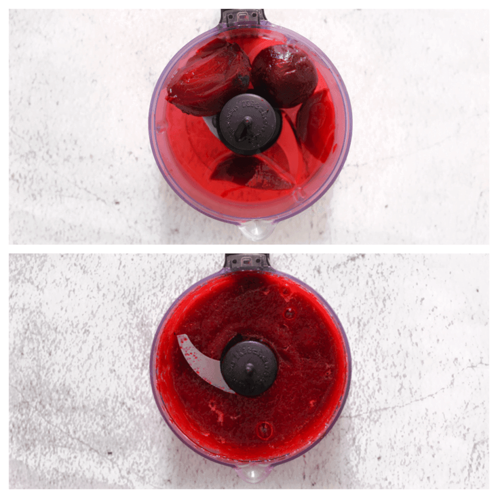 Doe de rode bieten samen met het water in een hakmolen en maal ze fijn.