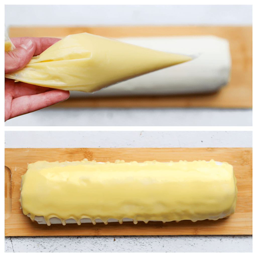 Spuit de witte chocoladeganache bovenop de rolcake door langs de zijkanten te gaan en een druipend effect te creëren. Vul het binnenste gedeelte van de rolcake met de ganache. Leg de Raffaello rolcake, afgedekt, 30 minuten in de koelkast.