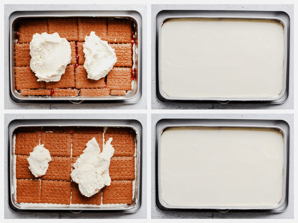 Schep de room erover en smeer deze goed uit. Leg opnieuw een laag cacaotheebiscuit en bedek deze met nog een laagje room. Smeer dit gelijkmatig uit.