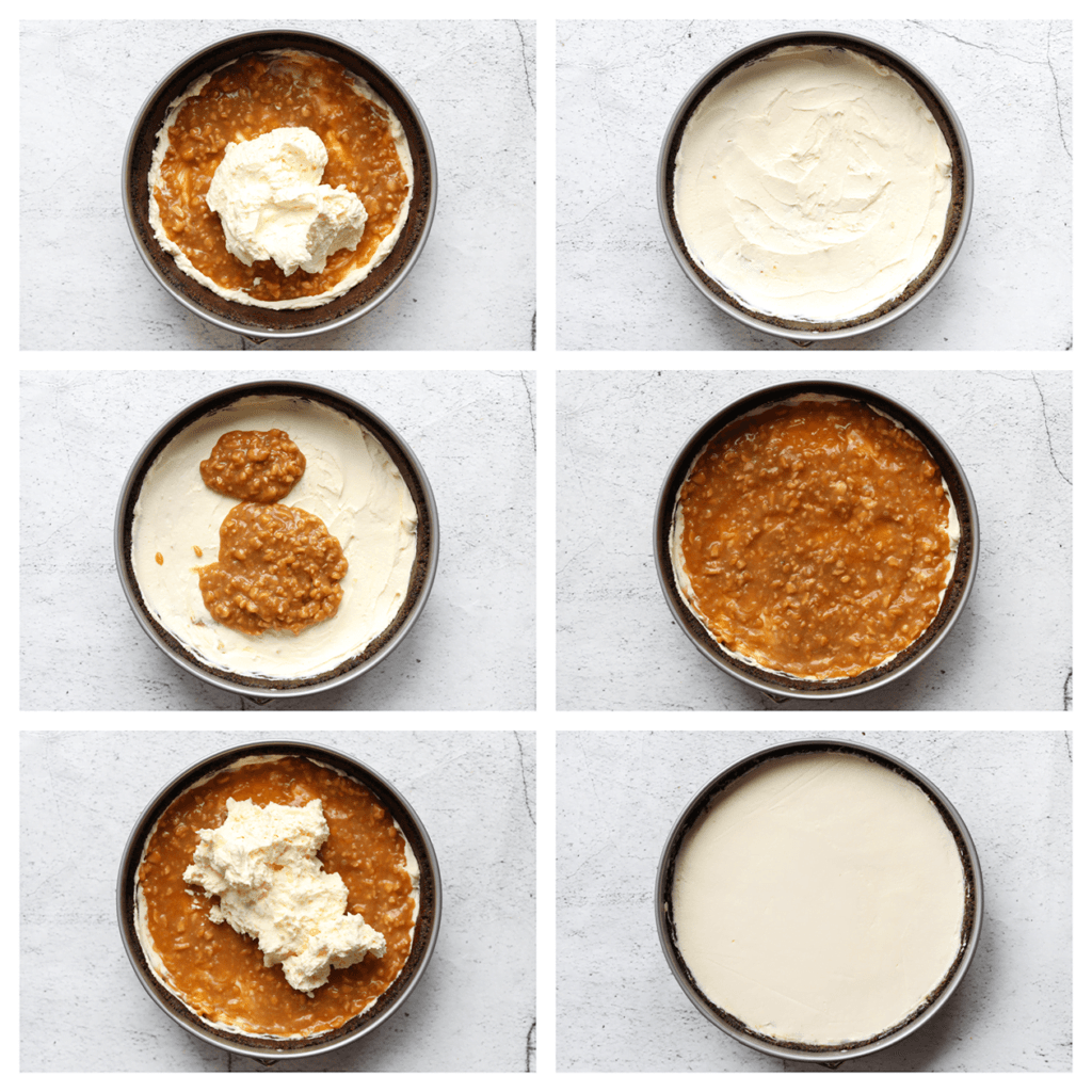 Schep nog een laagje van het roomkaasmengsel erop, gevolgd door het overige pindamengsel. Voeg er weer een laagje van het cheesecakebeslag aan toe en strijk dit goed uit.