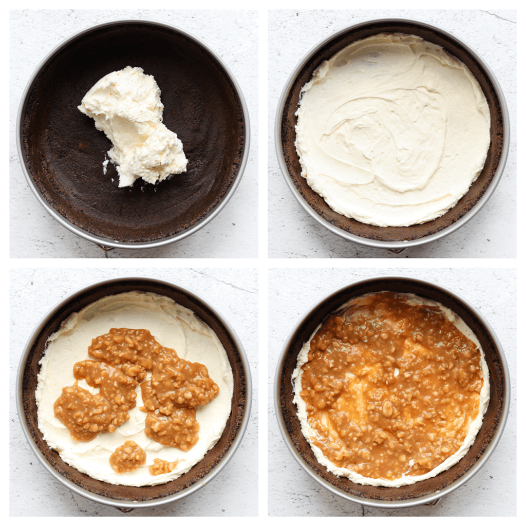 Schep eenderde van het roomkaasmengsel over het koekjesdeeg en strijk dit gelijkmatig uit. Verdeel vervolgens de helft van het pindamengsel erover.