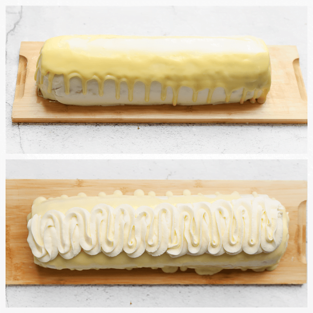 Doe de overgebleven room in een spuitzak en zorg ervoor dat je een spuitmondje gebruikt. Spuit een langwerpig toefje room bovenop de Raffaello rolcake. Bestrooi met wat geraspte kokos en garneer met halve Raffaello's en aardbeien.