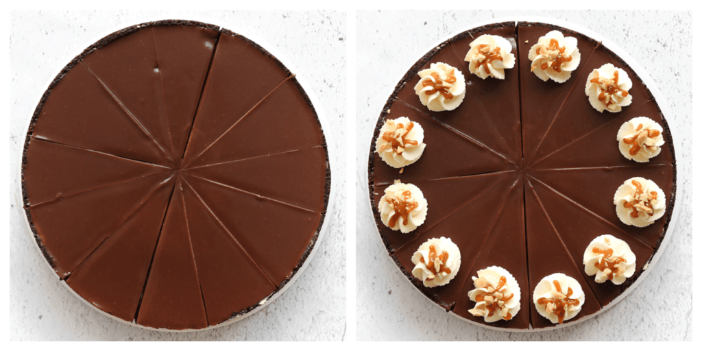 Snijd de Snickers cheesecake aan en garneer met room, karamel en gehakte pinda's.