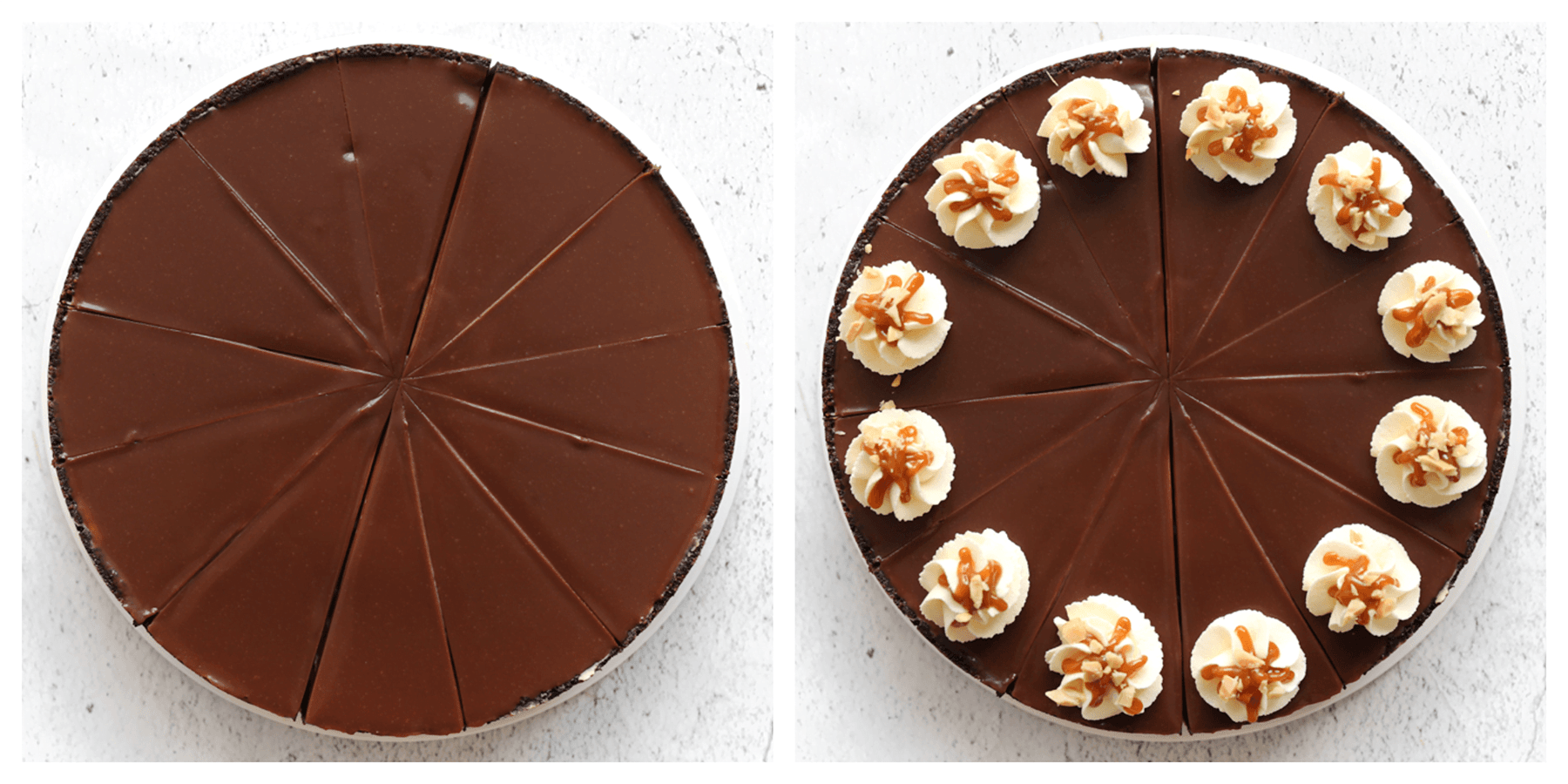 Snickers cheesecake aansnijden en garneren