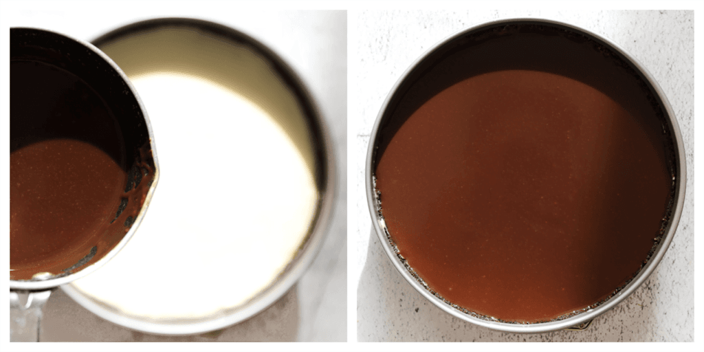 Verdeel de ganache over de Snickers cheesecake en zet deze in de koelkast totdat de topping stevig is.