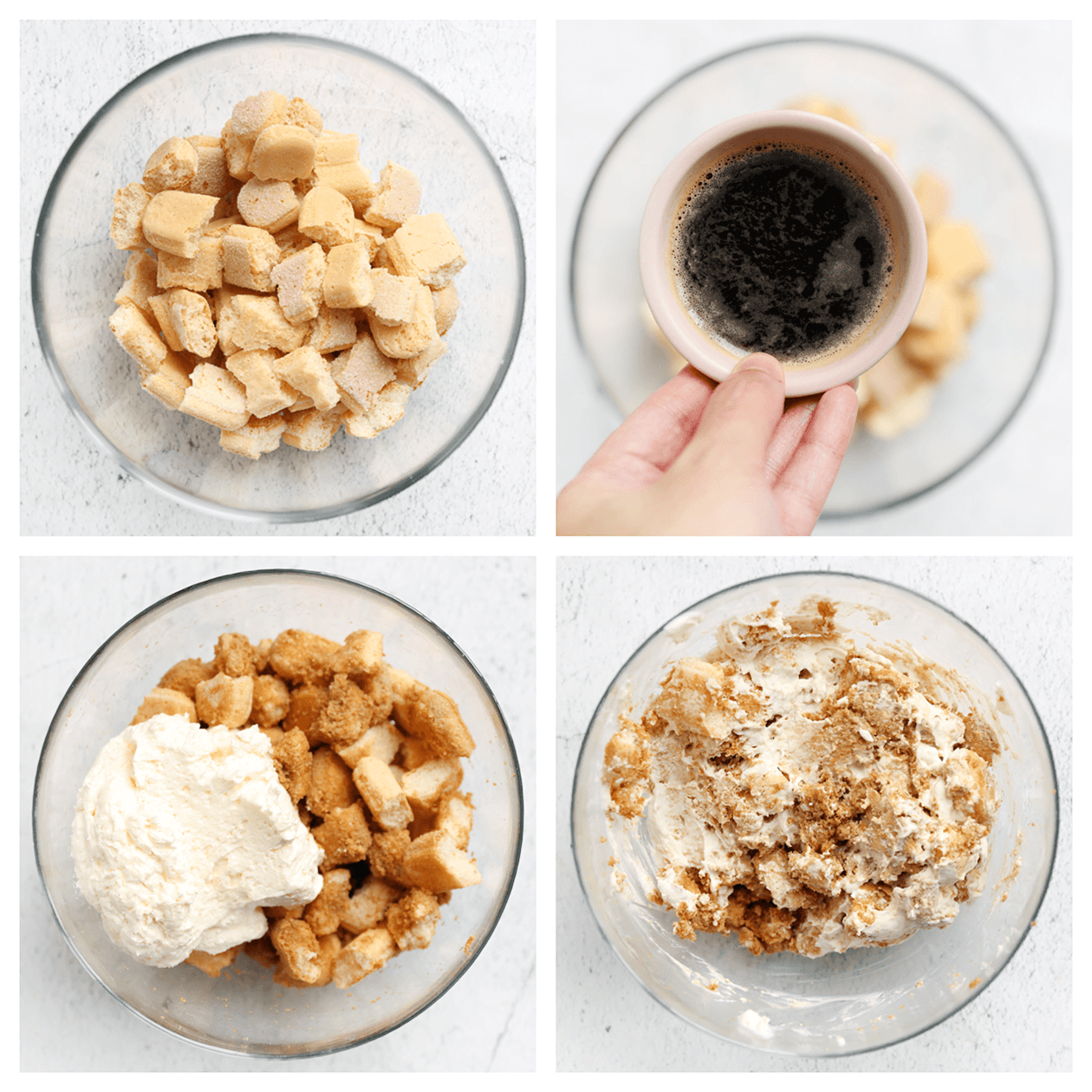 Stukjes lange vingers mengen met koffie en room