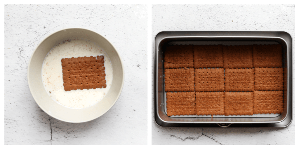 Neem een cacaotheebiscuit en haal deze door de melk. Verdeel ze over een springvorm. Herhaal deze stap.