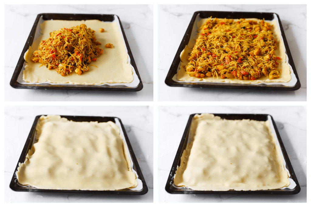 Leg het deeg met bakpapier op een bakplaat. Verdeel het vismengsel gelijkmatig over het deeg, laat de randen wel leeg. Leg het andere lap deeg over het vismengsel en druk de zijkanten goed dicht.