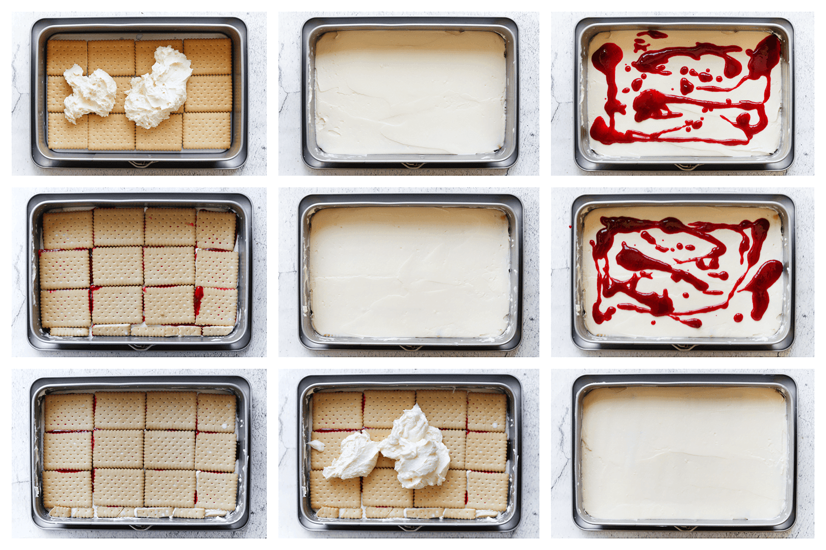 cheesecakebeslag verdelen over de koekjes