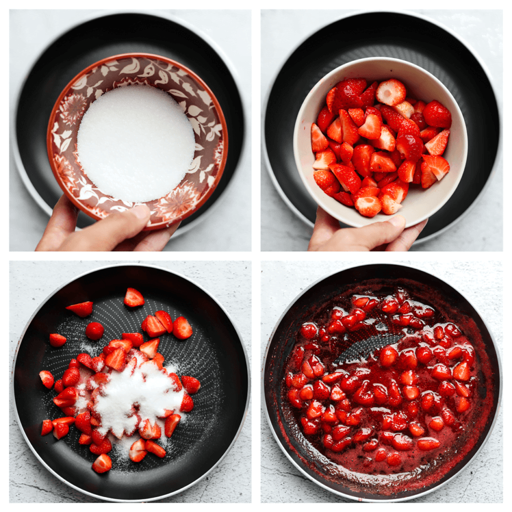 Doe de aardbeien samen met de suiker in een koekenpan op middelhoog vuur. Breng ze 5-7 minuten aan de kook of tot de aardbeien goed zacht zijn. Roer regelmatig. Neem een kom en leg er een zeef op. Voeg het aardbeienmengsel toe en druk dit goed aan met een spatel of lepel. Doe het aardbeienmengsel in een spuitzak.