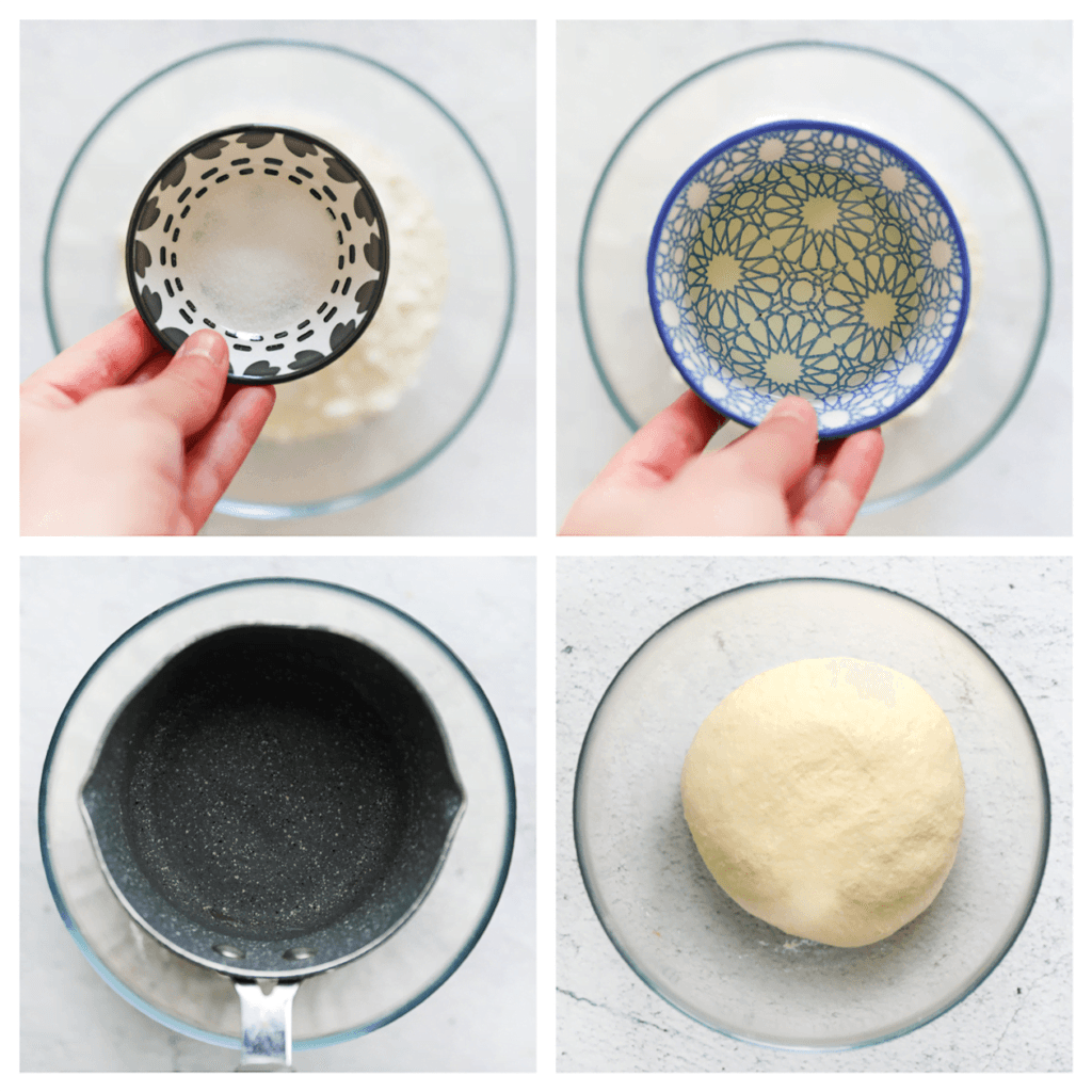 Doe de bloem samen met het zout, de zonnebloemolie en het water in een diepe kom. Meng en kneed tot een geheel. Dek het deeg af en laat even staan.