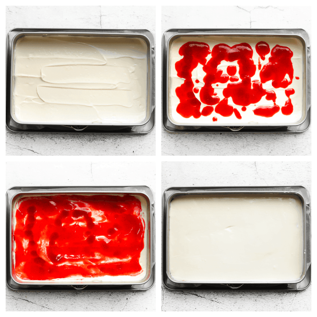 Schep de helft van het roomkaasmengsel over het koekjesdeeg en smeer dit gelijkmatig uit. Verdeel het aardbeienmengsel erover. Schep het overige cheesecakebeslag erover en smeer het gelijkmatig uit.