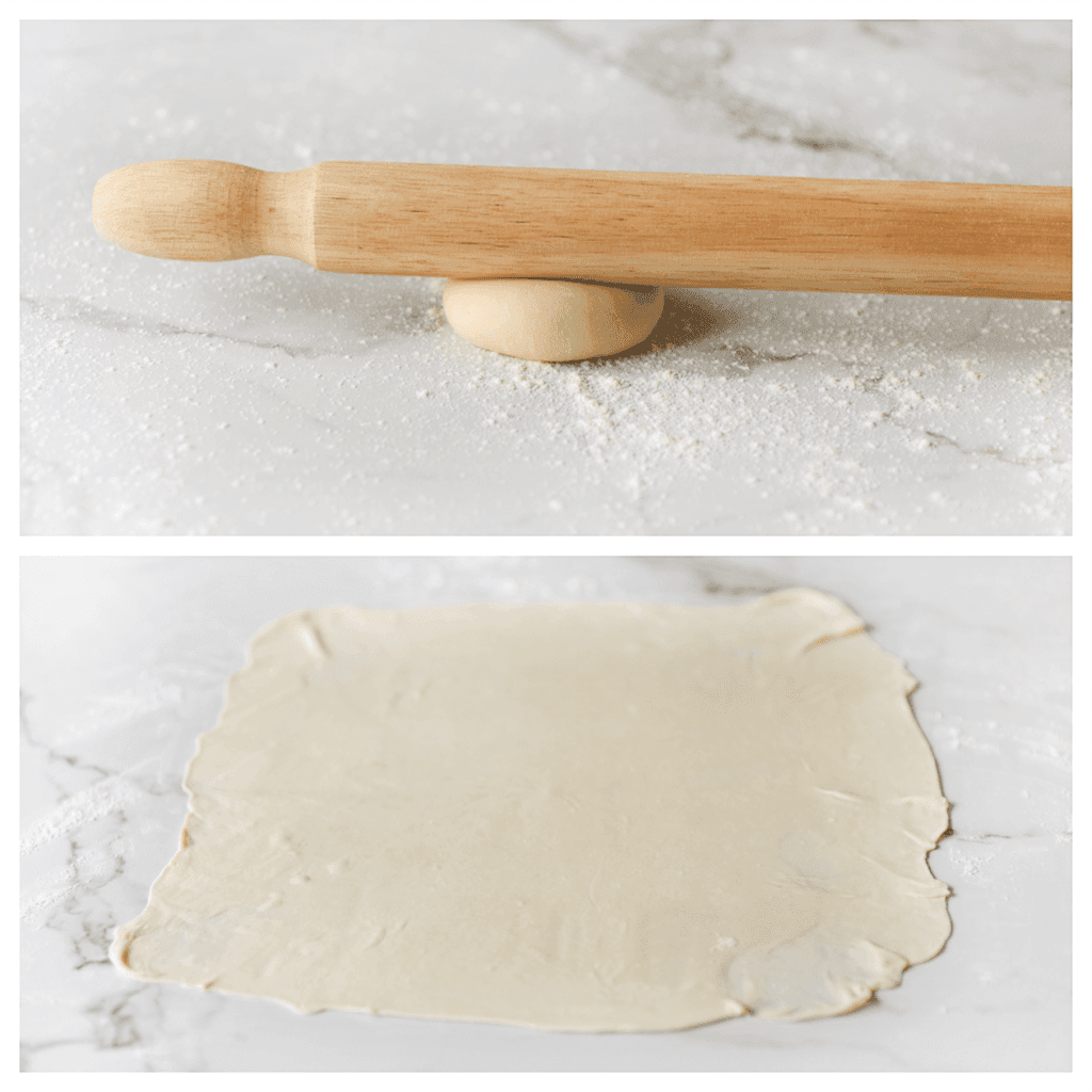 Neem een bolletje deeg en leg het op een met bloem bestoven werkplek. Rol het deeg uit tot een vierkante lap van 32x30 cm.