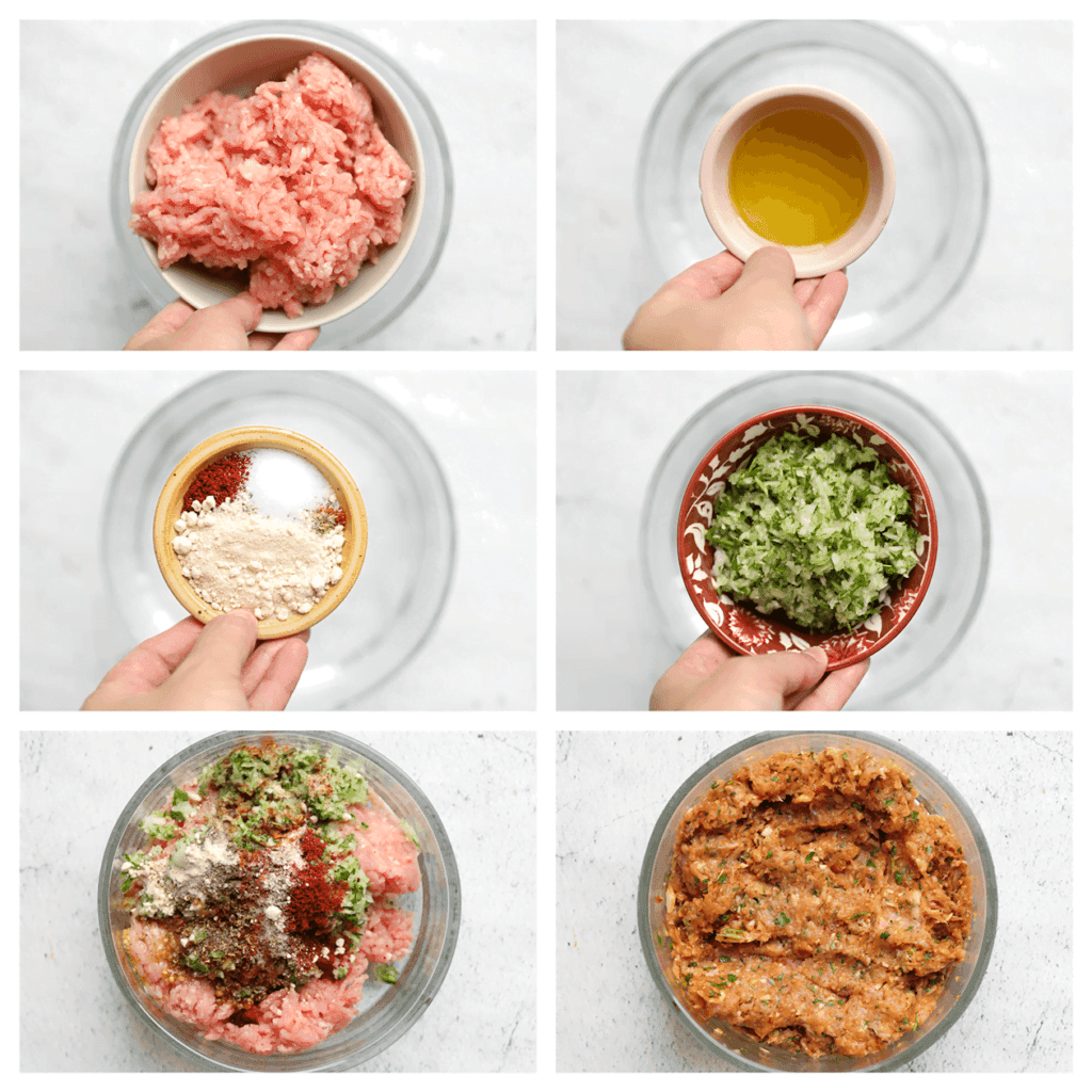 Doe het gehakt, zout, paprikapoeder, de zwarte peper, cayennepeper, knoflookpoeder, uienpoeder, Italiaanse kruiden en olijfolie in een kom. Meng goed en leg apart.