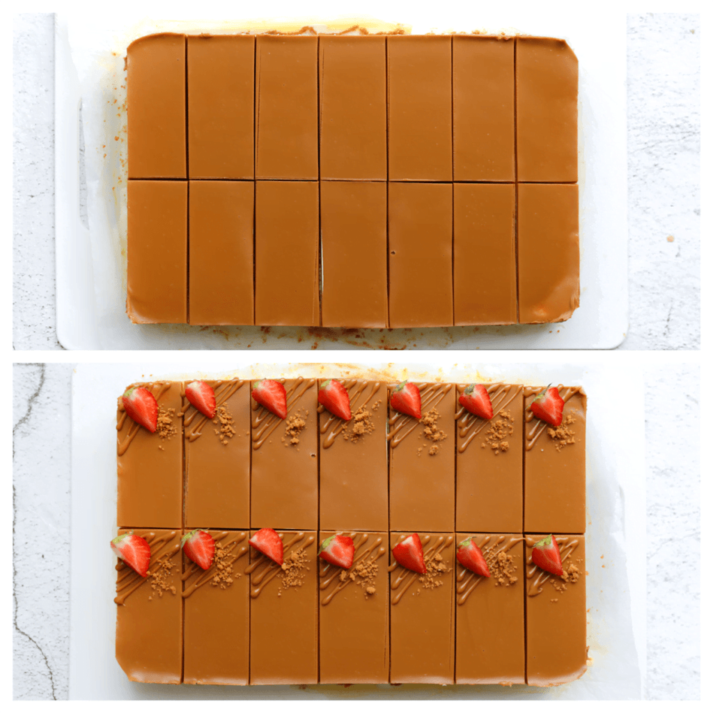 Snijd de speculoos-aardbeiencheesecake in mooie rechthoeken. Spuit lijntjes van speculoos op de cheesecake en garneer met speculooskoekkruimels en aardbeien.