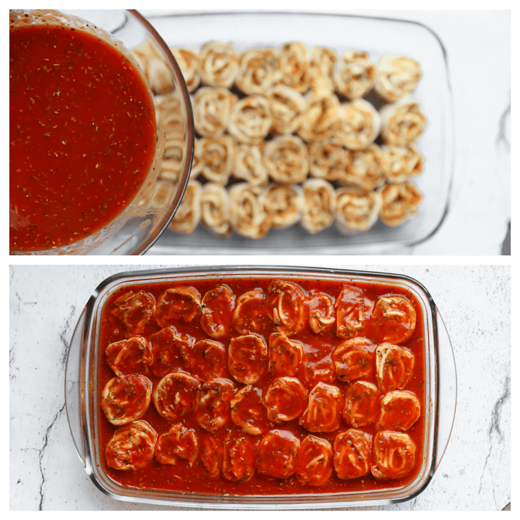 Verdeel de tomatensaus over de gehaktrollen.