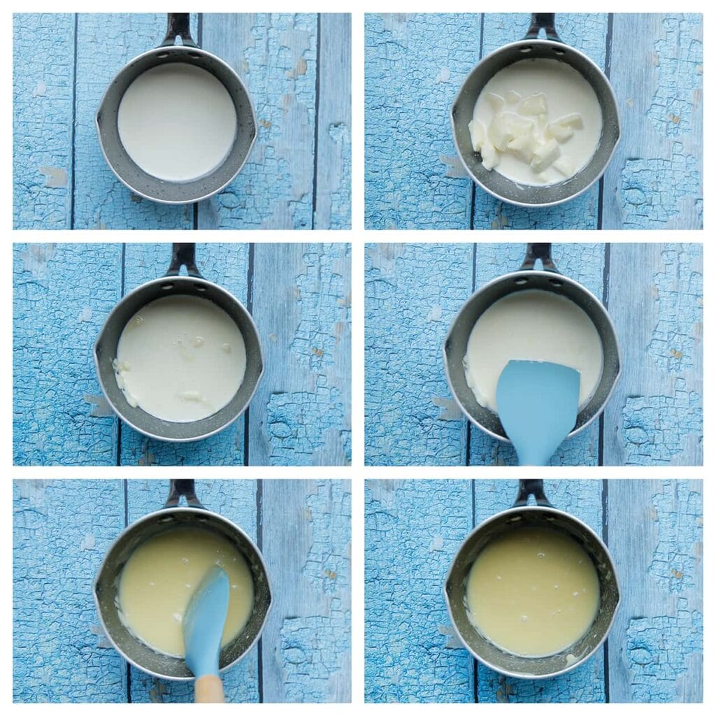 Breng de ongeklopte slagroom tegen de kook aan. Voeg de stukgemaakte witte chocolade toe. Laat 1 minuut staan. Meng tot een gladde massa.