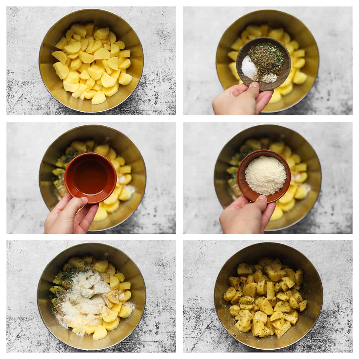 Aardappelstukjes mengen in een diepe kom