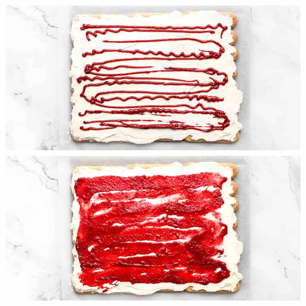 Frambozensiroop uitsmeren over de room