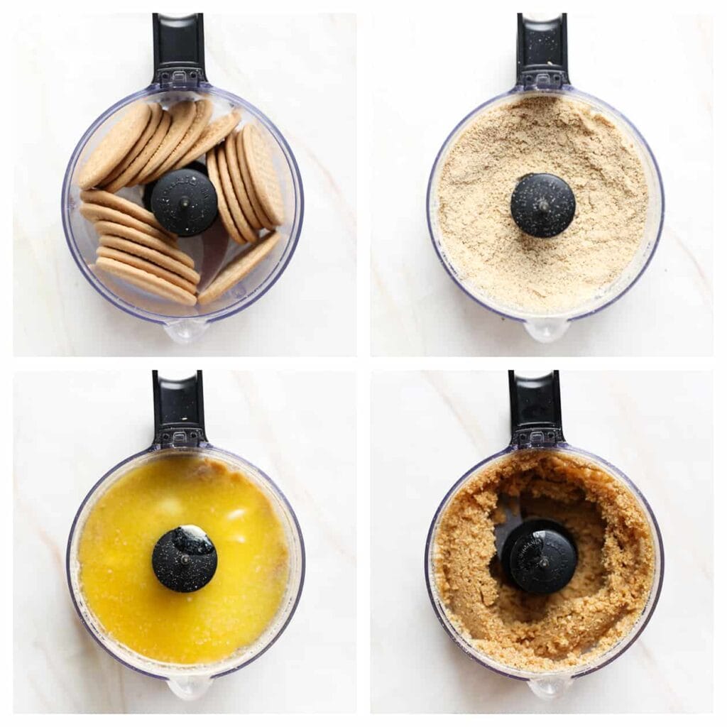 Maal de mariabiscuit fijn in een hakmolen. Voeg de gesmolten roomboter toe en meng alles tot een geheel.