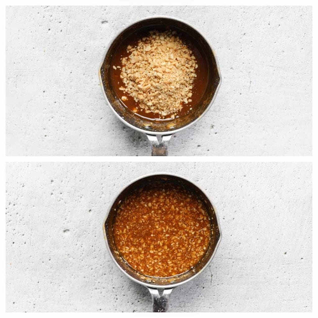 Meng de karamel en gehakte pinda's goed.