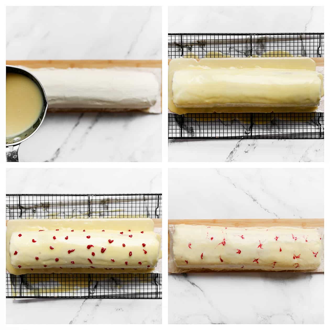 Rolcake garneren met witte chocolade ganache en frambozensiroop