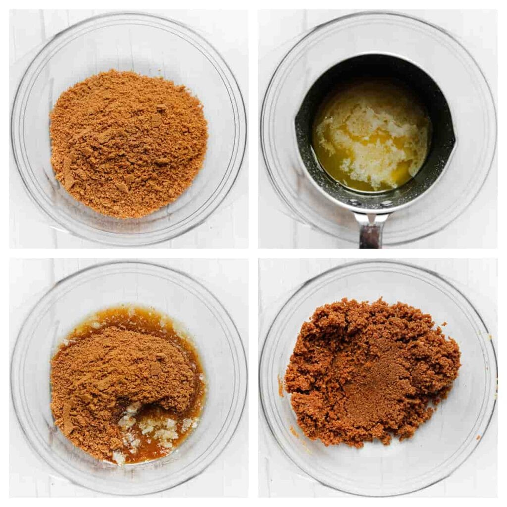 Voeg de fijngemalen speculooskoek toe aan een diepe kom en meng het met de gesmolten roomboter tot een geheel.