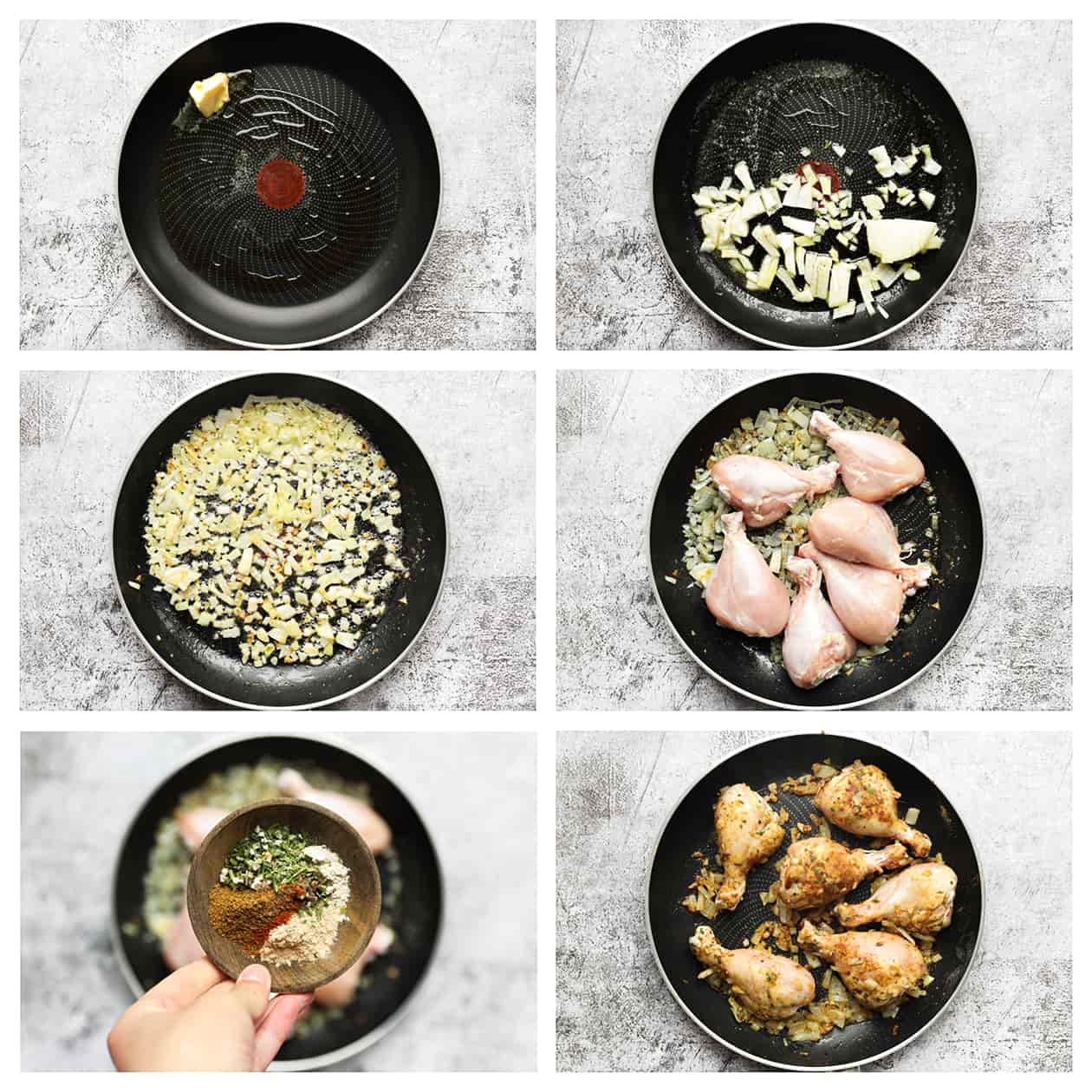 Ui voorbakken en kip toevoegen met verse kruiden