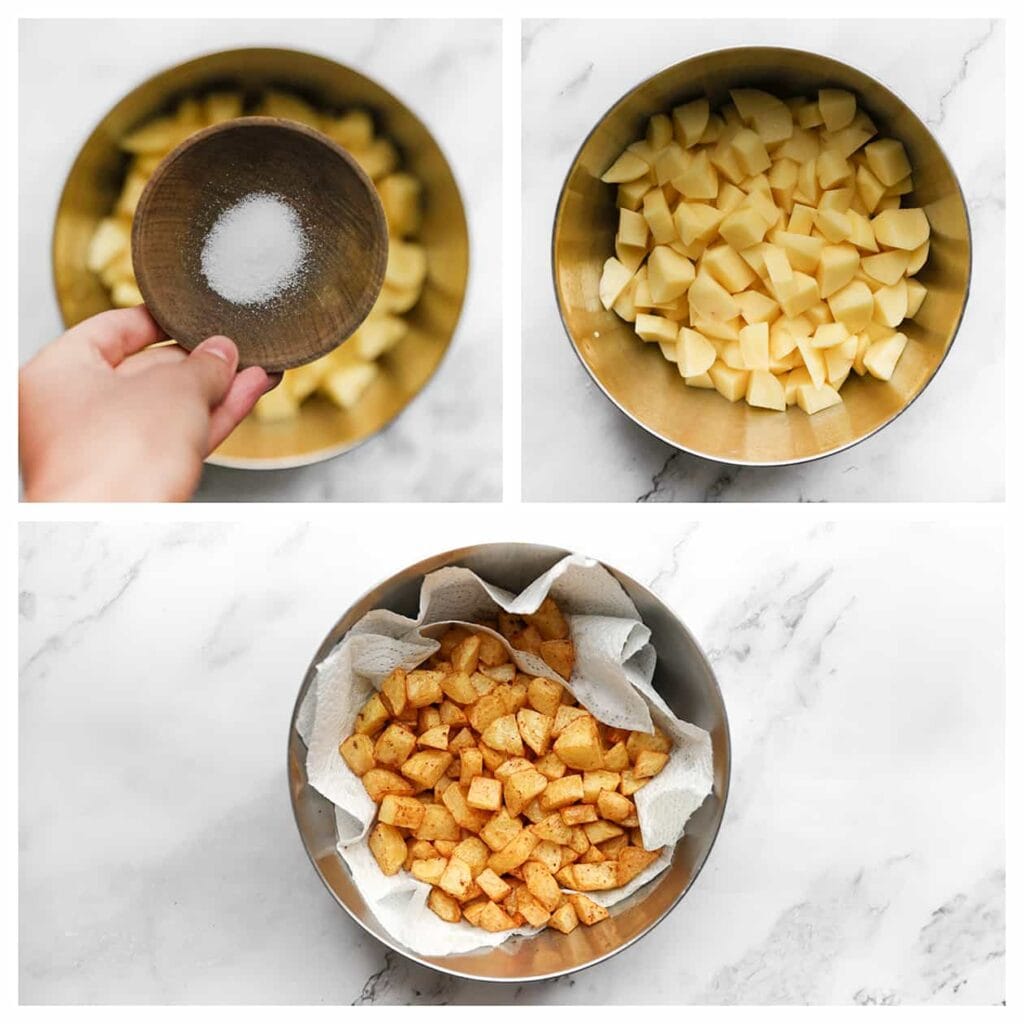 Schil en snijd de aardappels in kleine blokjes en doe ze in een diepe kom. Voeg zout toe en meng goed. Bak de aardappelblokjes in ca. 5-7 minuten goudbruin op 175 ℃ (afhankelijk van de gewenste knapperigheid en goudbruine kleur). Laat de aardappelblokjes uitlekken op een vel keukenpapier.