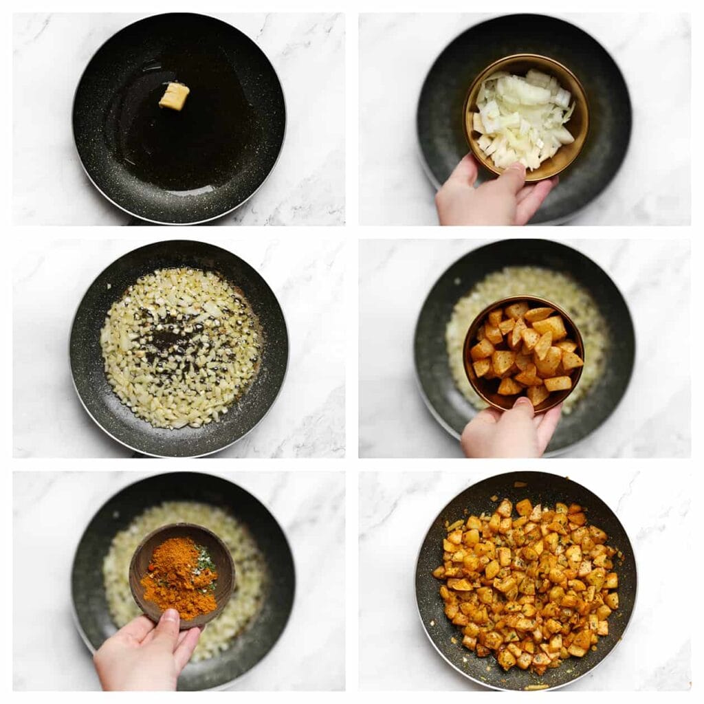 Verhit de olijfolie samen met de roomboter in een koekenpan op middelhoog vuur. Voeg de gesnipperde gele ui toe en bak 4 minuten, of tot de randen goudbruin zijn gekleurd. Voeg de gebakken aardappelblokjes, ras el hanout, cayennepeper, saladekruiden en het zout toe. Meng goed en bak nog 5 minuten.